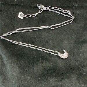 Silver Crescent Moon Pendant Necklace with Crystal Accents